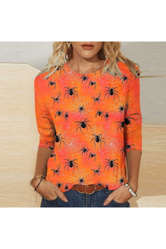 Women's Halloween Tops 3/4 Sleeve Halloween Spiderweb Graphic T Shirts Fall Crew Neck Loose Party Blouses