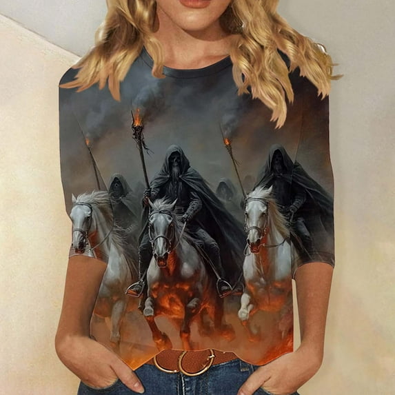 VKOYWKM Women's Halloween Tops 3/4 Sleeve Witch Print Halloween Vintage Top Loose Fit Crew Neck Spooky Graphic Tees