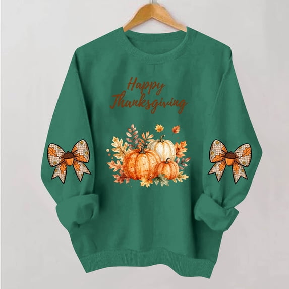 VKOYWKM Women's Happy Thanksgiving Sweatshirt Funny Letter Pumpkin Print Long Sleeve Crewneck Fall Pullover Tops