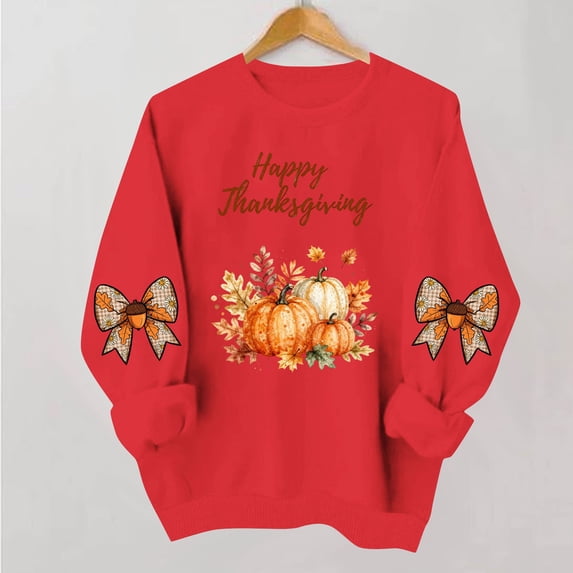 VKOYWKM Women's Happy Thanksgiving Sweatshirt Funny Letter Pumpkin Print Long Sleeve Crewneck Fall Pullover Tops