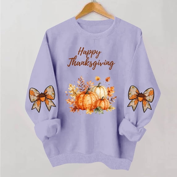 VKOYWKM Women's Happy Thanksgiving Sweatshirt Funny Letter Pumpkin Print Long Sleeve Crewneck Fall Pullover Tops