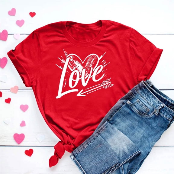 VKOYWKM Women's Heart Print T-Shirts Valentine's Day Shirts Spring Short Sleeve T Shirts Romantic Valentine's Day Party Tshirts