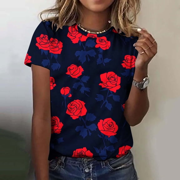 VKOYWKM Women's Heart Print T Shirts Valentine's Day T-Shirts Short Sleeve Casual Crew Neck Holiday Tops Romantic Valentines Day Gifts Shirt
