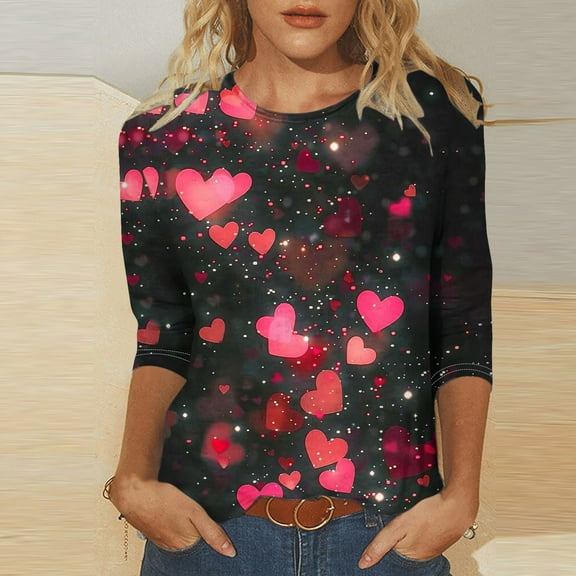 VKOYWKM Women's Heart Shirts Valentine T-Shirts 3/4 Sleeve Love Heart Graphic Tees Romantic Spring Tshirts Crew Neck Loose Fit Holiday Tops Girlfriend Valentine's Day Shirt Gift