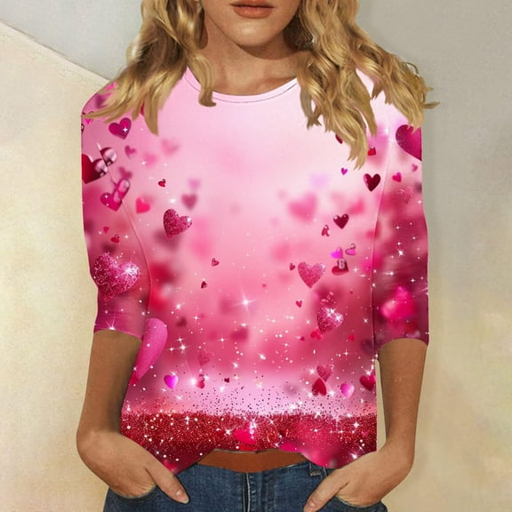 VKOYWKM Women's Heart T-Shirts Valentine Shirts Romantic Heart Graphic Tees 3/4 Sleeve Crew Neck Holiday T-Shirts Valentines Day Gifts