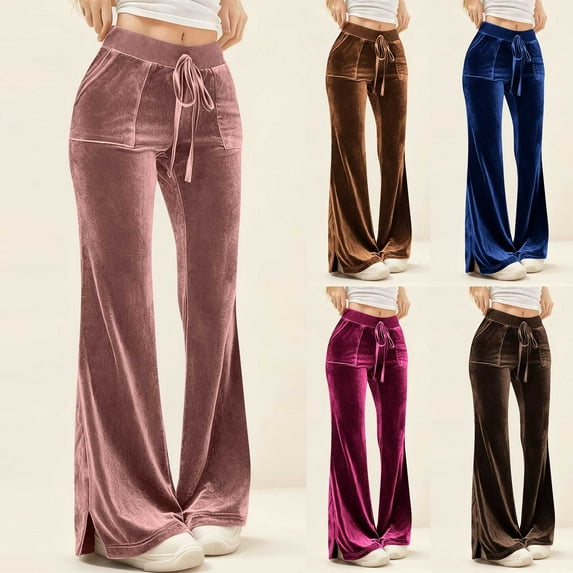VKOYWKM Women's Hight Waisted Velvet Pants Drawstring Elastic Waist Yoga Pant with Pockets Soft Split Hem Bootcut Trousers