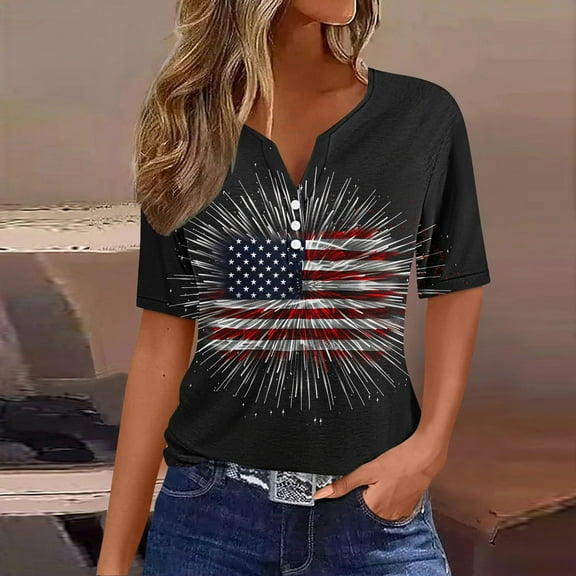 VKOYWKM Women's Independence Day T Shirts 4th of July Graphic T Shirts Short Sleeve Casual V Neck Patriotic Tee Tops