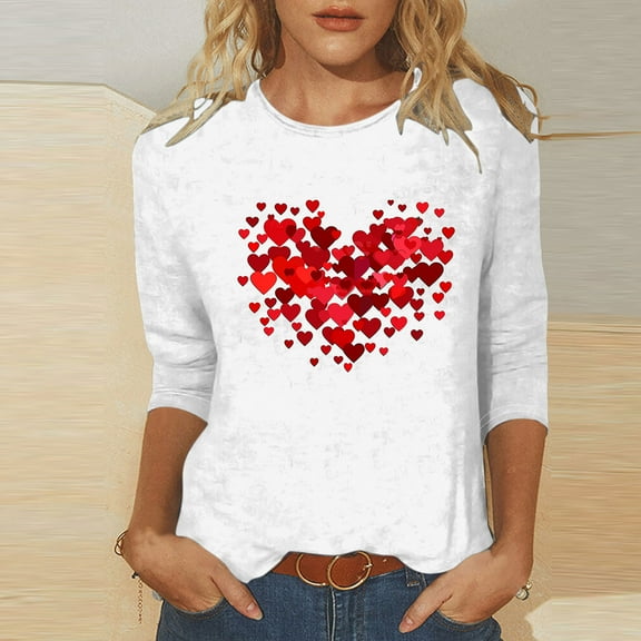 VKOYWKM Women's Love Heart T Shirts Valentine's Shirts 3/4 Sleeve Tops Valentines Day Graphic Tees Crew Neck Loose Fit Valentine Tops Romantic Holiday T Shirts