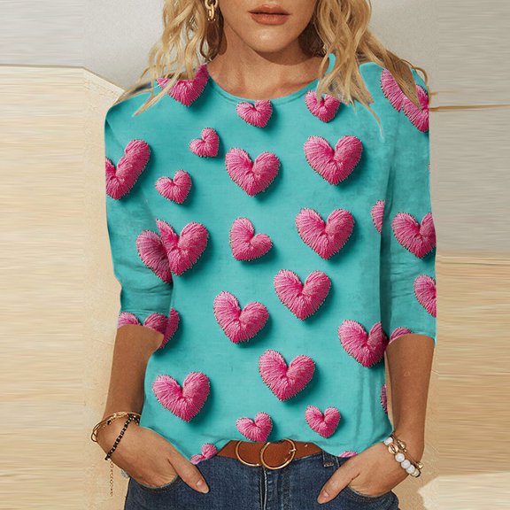 VKOYWKM Women's Love Heart T Shirts Valentine's Shirts Heart Print Tees 3/4 Sleeve Tops Romantic Holiday Crew Neck Valentine Blouses