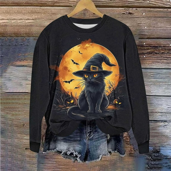 VKOYWKM Women's Oversized Sweatshirts Halloween Black Cat Graphic Sweatshirt Crewneck Long Sleeve Fall Pullover Party Tops Halloween Sweatshirts