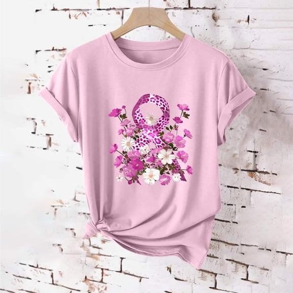 VKOYWKM Women's Pink Ribbon Shirts Breast Cancer Awareness T-Shirt Breast Cancer Print Inspirational Short Sleeve Tee Tops Crew Neck Loose Breast Cancer Shirt