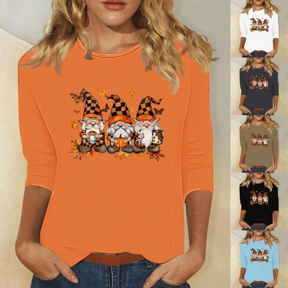 VKOYWKM Women's Pumpkin Tops Halloween 3/4 Sleeve T-Shirts Funny Fall Clothes Loose Fit Crew Neck Holiday Party Top Blouses