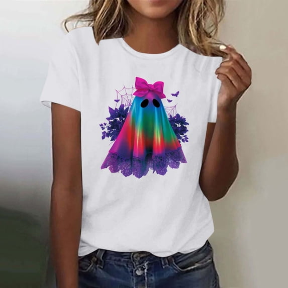 VKOYWKM Women's Short Sleeve Fall Tees Halloween Ghost Graphic Tees Crew Neck Loose Fit T-Shirts Holiday Party Tops