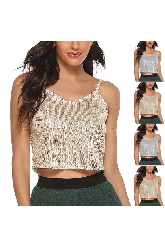 Women's Sparkly Sequin Cami Tops Strap V Neck Slim Fit Tank Top Trendy Club Evening Glitter Party Vest