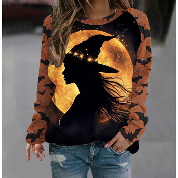 VKOYWKM Women's Sweatshirt Halloween Sweatshirts Long Sleeve Crew Neck Sweatshirt Cute Spooky Witch Pullover Sweatshirts