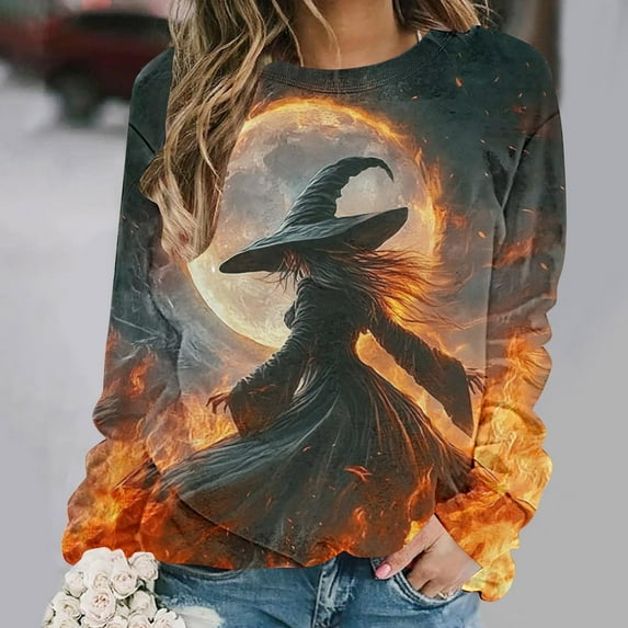 VKOYWKM Women's Sweatshirts Halloween Witch Graphic Sweatshirts Crew Neck Pullover Long Sleeve Fall Party Tops Halloween Sweatshirts