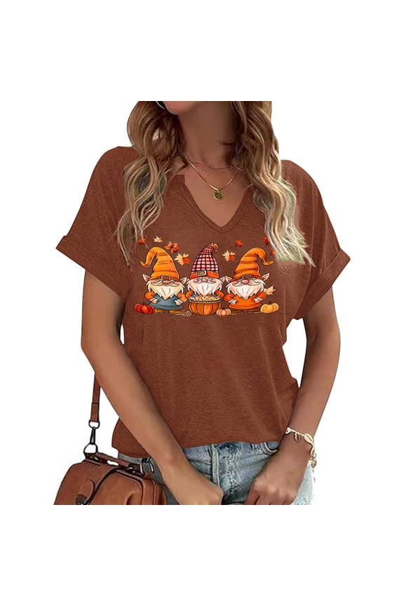 Women's Thanksgiving Shirts V Neck Short Sleeve Fall T-Shirts Cute Thanksgiving Graphic Tees Loose Fit Thanksgiving Halloween Family Party Tops