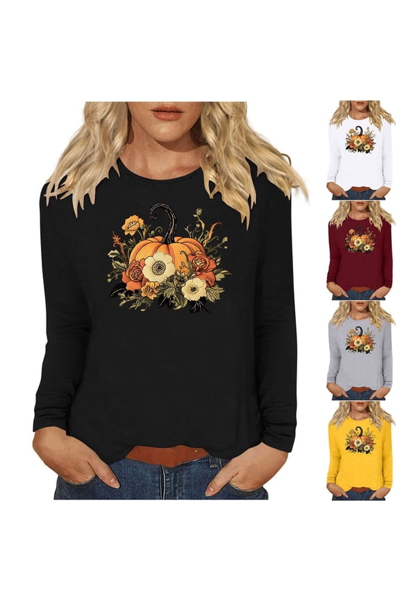 Women's Thanksgiving Tops Halloween Pumpkin Graphic T Shirt Long Sleeve Fall T-Shirt Thankful Grateful Blessed Blouses Loose Fit Tunic Top