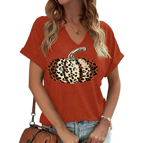 VKOYWKM Women's Thanksgiving V Neck Shirts Fall Tops Thanksgiving Pumpkin Graphic Tees Short Sleeve Thankful Blessed T-Shirts Cute Holiday Top Halloween Shirts