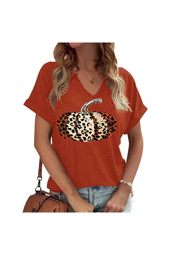 Women's Thanksgiving V Neck Shirts Fall Tops Thanksgiving Pumpkin Graphic Tees Short Sleeve Thankful Blessed T-Shirts Cute Holiday Top Halloween Shirts