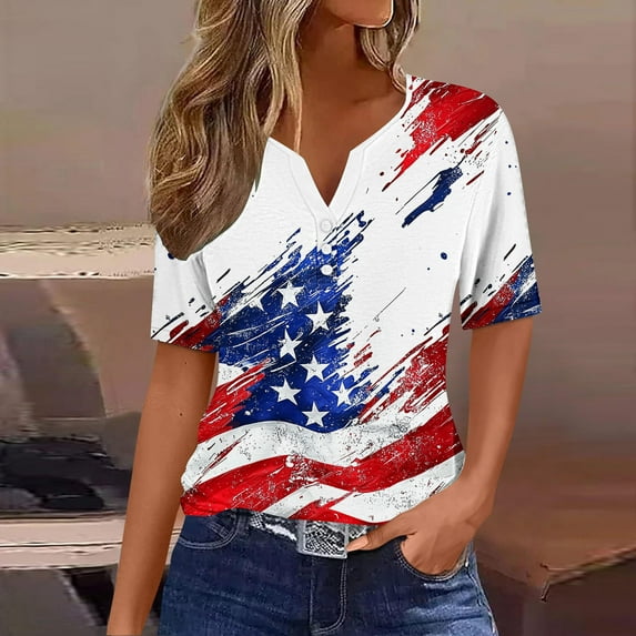VKOYWKM Women's Tops 4th of July T Shirts Independence Day Star Stripe Graphic Tees Patriotic Button V Neck American Flag T Shirts Casual Short Sleeve Womens Top