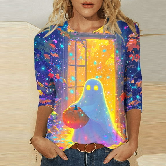VKOYWKM Women's Tops Halloween Shirts 3/4 Sleeve Pumpkin Ghost Graphic T Shirts Loose Fit Crew Neck T-Shirts Halloween Costumes Tops