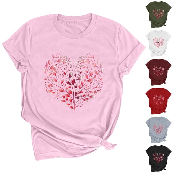 VKOYWKM Women's Tops Valentines Day Shirts Heart Print Tees Short Sleeve Casual Crew Neck Love Heart T-Shirts Happy Valentines Day Shirts