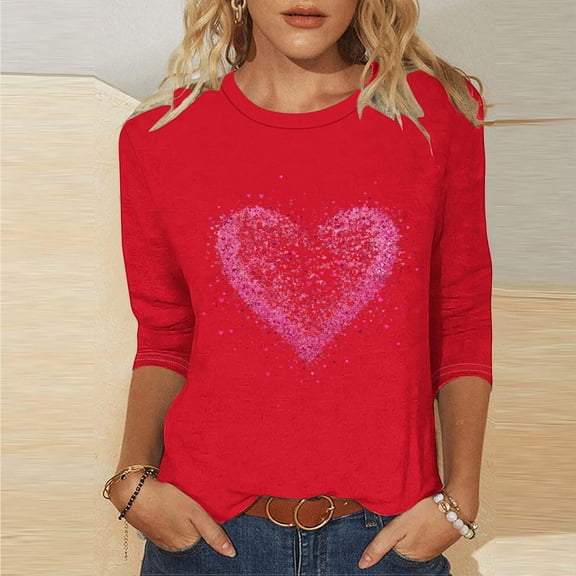 VKOYWKM Women's Valentine T-Shirts 3/4 Sleeve Love Heart Graphic Tees Crew Neck Loose Fit Valentine Tops Romantic Holiday T Shirts