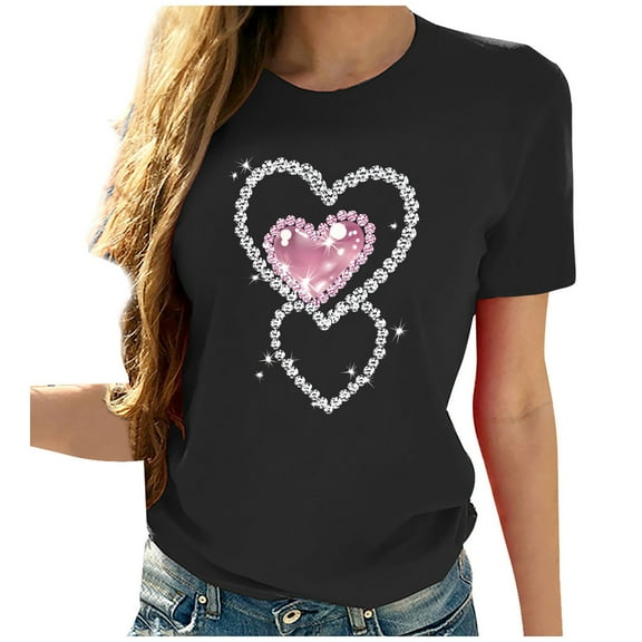 VKOYWKM Women's Valentine Tops Cute Heart Print Short Sleeve T-Shirts Crew Neck Valentine Gift Tee Casual Hearts Tops