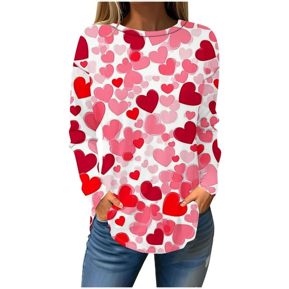 VKOYWKM Women's Valentine Tops Love Heart Print Long Sleeve Tunic Blouses Crew Neck Holiday Tees