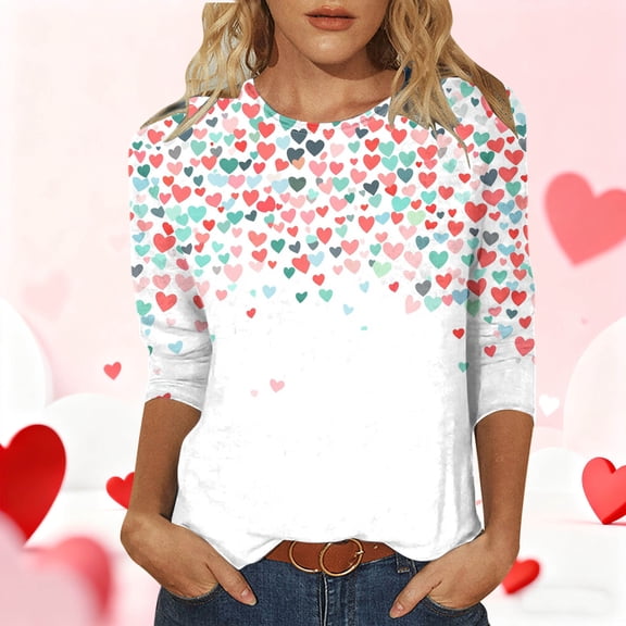 VKOYWKM Women's Valentine Tops Love Heart Print Tees 3/4 Sleeve Crew Neck Casual Holiday Blouses