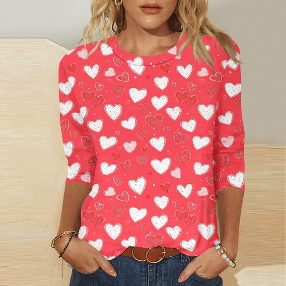 VKOYWKM Women's Valentine's Day Shirts 3/4 Sleeve Cute Graphic Tees Romantic Valentne Shirt Crew Neck Holiday Party Blouses