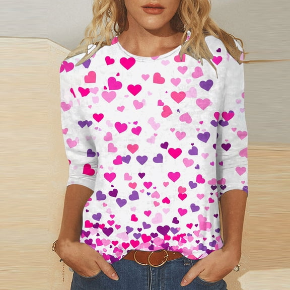 VKOYWKM Women's Valentine's Day T Shirts 3/4 Sleeve Cute Love Heart Print T-Shirts Valentine Holiday T Shirts Crew Neck Loose Fit Family Party Tees Spring Fashion