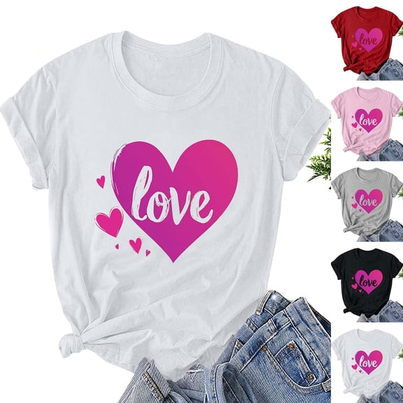 VKOYWKM Women's Valentine's T Shirts Heart Graphic Tees Short Sleeve Loose Fit Spring T-Shirt Holiday Tops Romantic Crew Neck Valentine's Day Tshirts