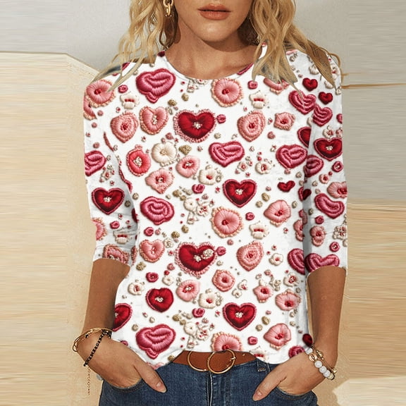 VKOYWKM Women's Valentines Day T Shirts Love Heart Print Tees 3/4 Sleeve Casual Spring Tops Crew Neck Loose Fit Valentine T-Shirts