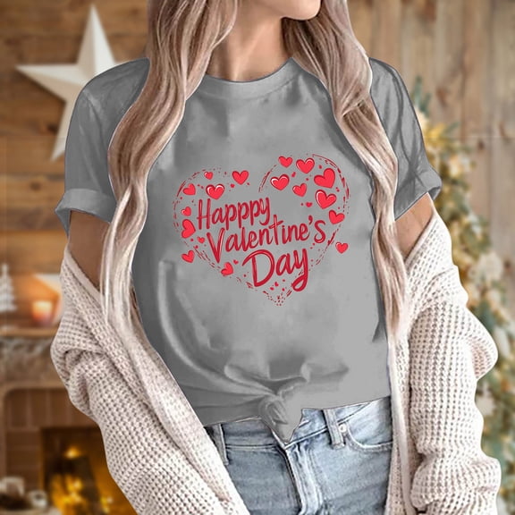VKOYWKM Women's Valentines Day T Shirts Romantic Love Graphic Tees Short Sleeve Loose Fit Holiday Tops Spring T-Shirt Casual Crew Neck Romantic Valentine T-Shirts