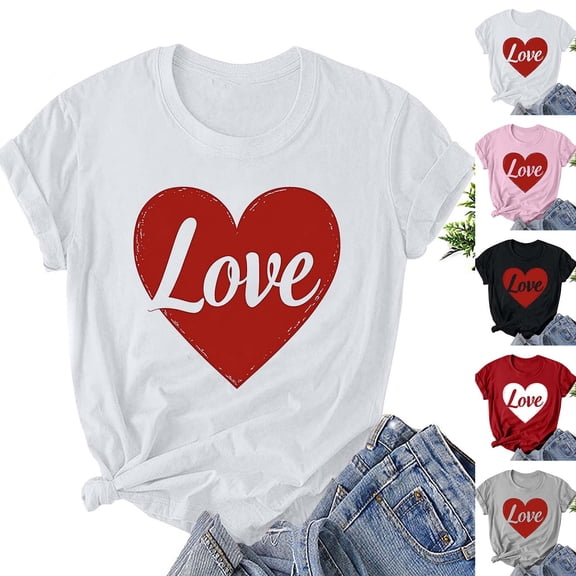 VKOYWKM Women's Valentines Day T Shirts Romantic Love Heart Graphic Tee Tops Short Sleeve Crew Neck Valentine Gift Tee Casual Hearts Tops