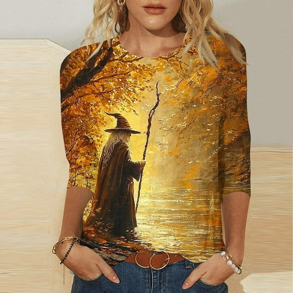 VKOYWKM Womens 3/4 Sleeve T Shirts Halloween Tops Witch Print Crew Neck Pullover Tees Loose Fit Comfy Fall Tunic Tops Halloween Costumes Shirt