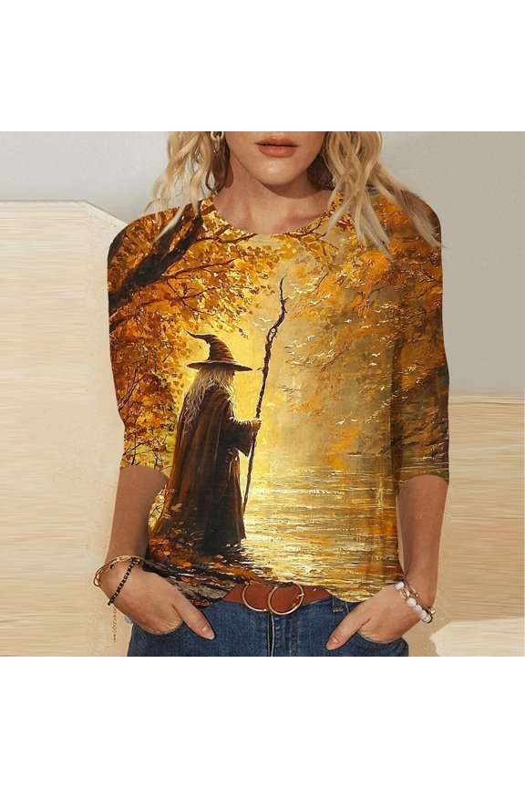 Womens 3/4 Sleeve T Shirts Halloween Tops Witch Print Crew Neck Pullover Tees Loose Fit Comfy Fall Tunic Tops Halloween Costumes Shirt