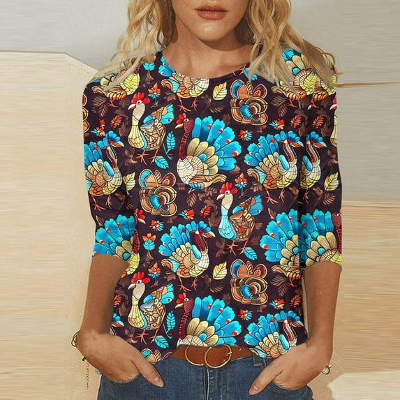 VKOYWKM Womens 3/4 Sleeve T Shirts Thanksgiving Tops Funny Turkey Graphic Tees Holiday Crew Neck Thankful Blessed T-Shirts Fall Tunic Top