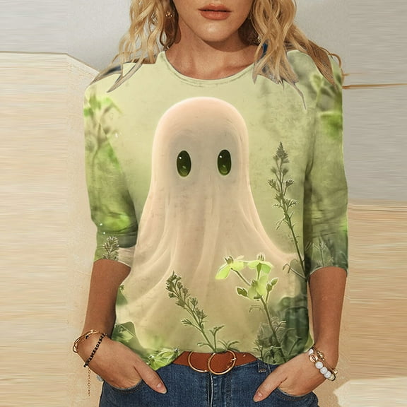 VKOYWKM Womens 3/4 Sleeve Tops Halloween Ghost Graphic T Shirts Cute Spooky Print Loose Fit Round Neck Party Top