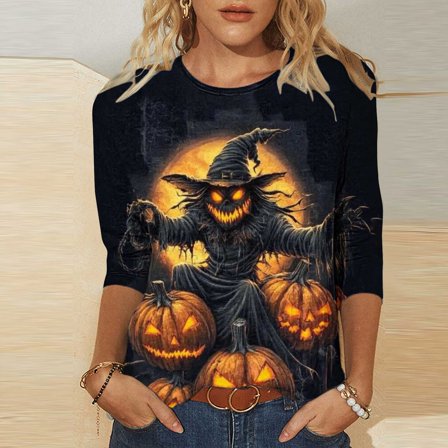VKOYWKM Womens 3/4 Sleeve Tops Halloween Shirts Halloween Pumpkin Witch Graphic T Shirts Halloween Party Blouse Crew Neck Loose Spooky T-Shirts
