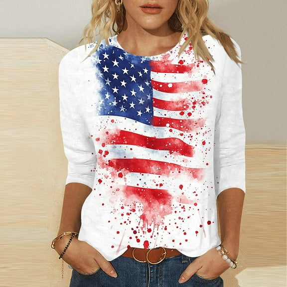 VKOYWKM Womens 3/4 Sleeve Tops July 4th Shirt Red White and Blue Graphic T Shirts American Flag Shirts Holiday Crew Neck Independence Day Patriotic T-Shirts