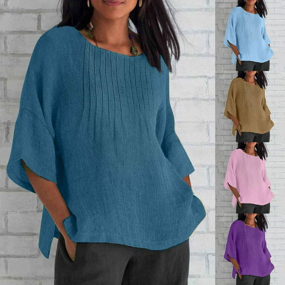 VKOYWKM Womens 3/4 Sleeve Tops Plus Size Pleated Shirt Bell Sleeve Loose Fit Round Neck Basic Tees Solid Casual Dressy Blouse