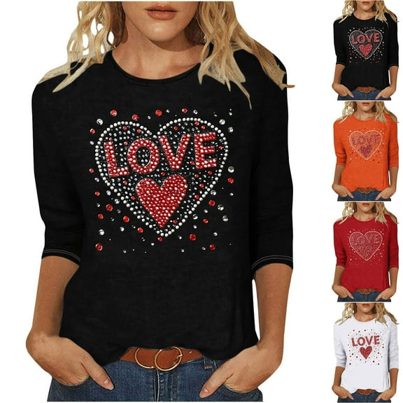 VKOYWKM Womens 3/4 Sleeve Tops Valentines Day Shirts Love Heart Print Tees Casual Crew Neck Holiday Tops Classic Romantic Valentine Cute Clothes