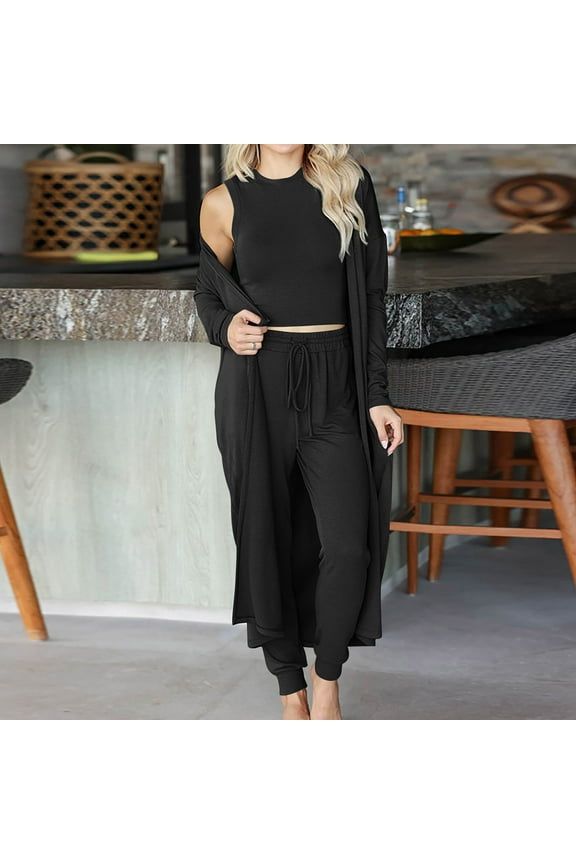 Womens 3 Piece Lounge Sets Solid Long Sleeve Cardigan Crop Tops Drawstring Waisted Pants Loungewear Sets Fall Winter Comfy Pajama Sets