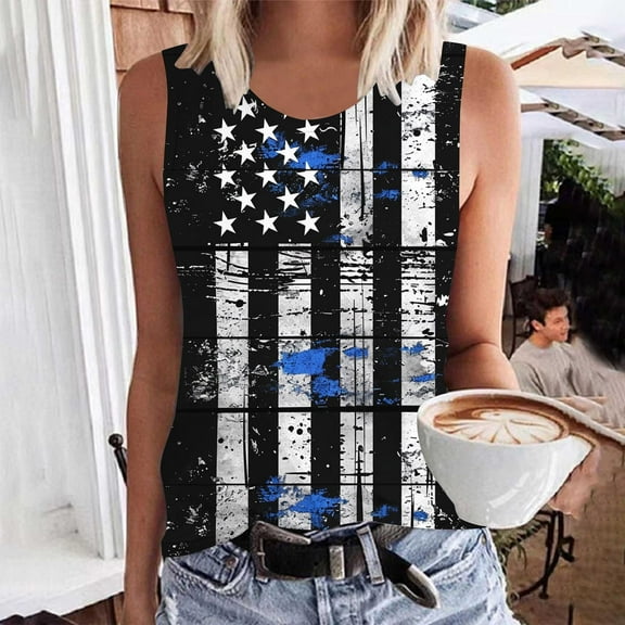 VKOYWKM Womens American Flag Tank Tops Sleeveless Shirt 4th of July Flag Stars and Stripes Graphic Tanks Loose Crew Neck Independence Day Top