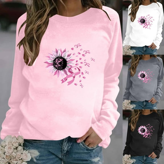 VKOYWKM Womens Breast Cancer Awareness Shirts Pink Ribbon Print T-Shirts Long Sleeve Breast Cancer Survivor Tops Fall Crew Neck Pullover Tees