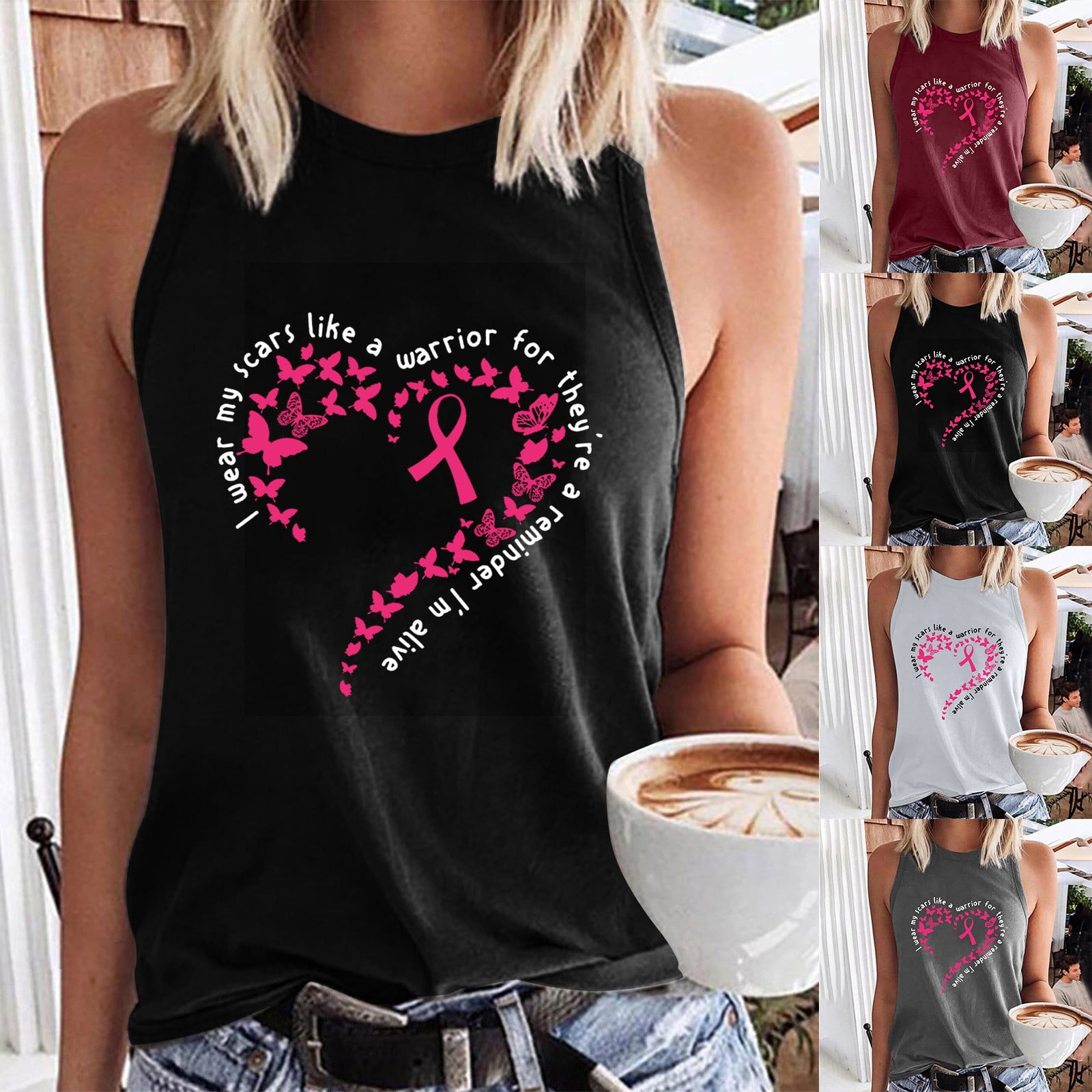 VKOYWKM Womens Breast Cancer Awareness Tank Tops Pink Ribbon Graphic ...