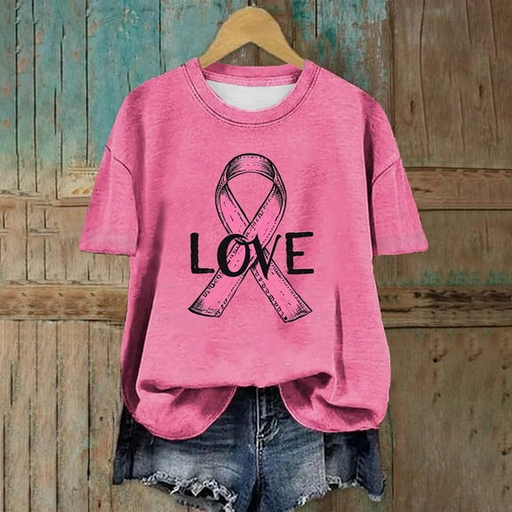 VKOYWKM Womens Breast Cancer T-Shirts Breast Cancer Awareness Tshirt Pink Ribbon Print Inspirational Tops Short Sleeve Crew Neck Breast Cancer Tshirts